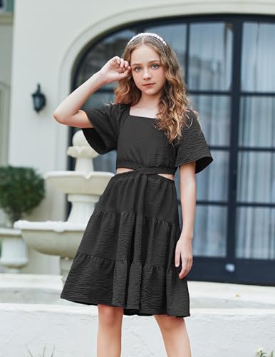 Arshiner Girls Dresses Square Neck Cut Out Shirred Ruffle Hem Funeral Semi Formal Black Dress Size 5-6