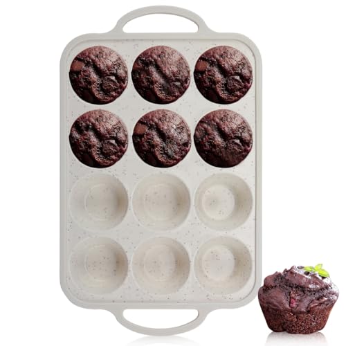 Silicone Muffin Pan with Metal Reinforced Frame - 12-Cup Mini Muffin Pan for Homemade Muffins, Cupcakes, Muffin Cakes, and Bread, Oven and Dishwasher Safe - Beige With Coffee-Colored Specks