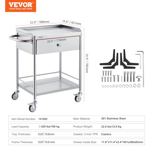 VEVOR Medical Cart, 2 Layers Stainless Steel Cart 220 lbs Weight Capacity, Lab Utility Cart with 360° Silent Wheels and a Drawer for Lab, Clinic, Kitchen, Salon, Silver