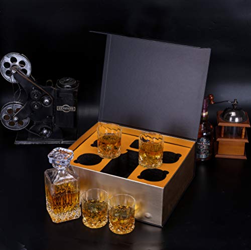 KANARS Whiskey Decanter And Glasses Set in Unique Gift Box - Original Crystal Liquor Decanter Set For Bourbon, Scotch, Vodka, Rum or Whisky, 5-Piece, Gifts for Men Dad