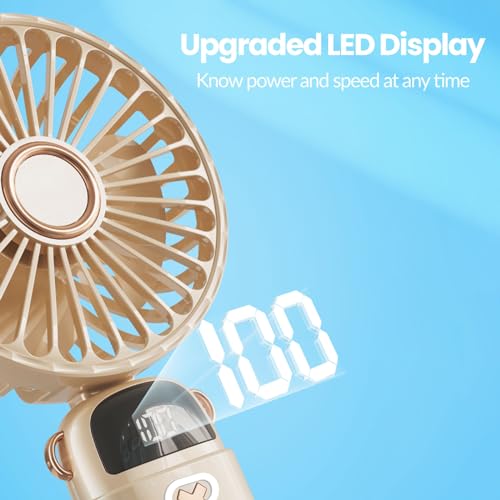 plilogo Portable Fan, Handheld Fan with LED Display, Rechargeable Personal Fan for 15 Hours Cooling, Neck Fan for Outdoor, Small Fan for Travel Camping, Folding Mini Fan with Phone Holder for Office