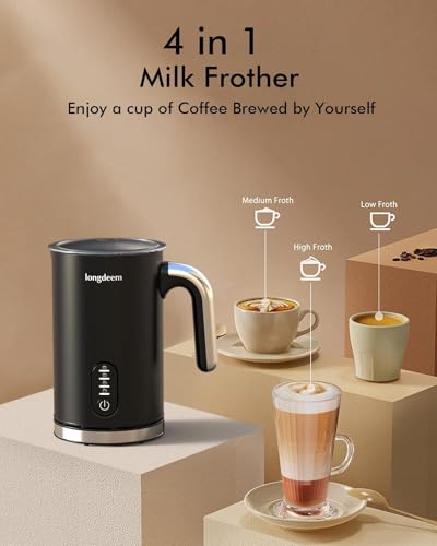 LONGDEEM Milk Frother, 4-in-1 Electric Milk Foamer with Cold & Hot Froth for Latte Cappuccino - Automatic Coffee Foam Maker, Stainless Steel, 10 oz/300 ml, Non-Stick Coating with Auto Shut-Off, Black