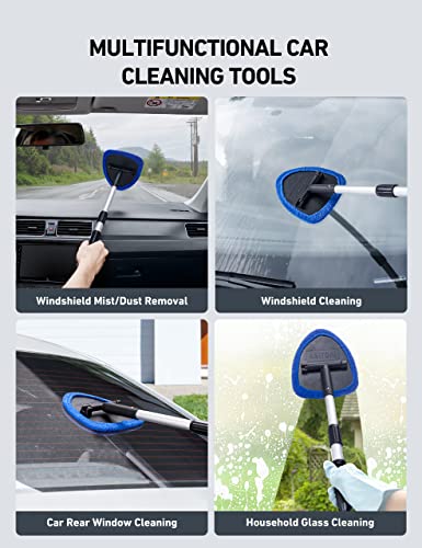 AstroAI Windshield Cleaning Tool, Car Window Cleaner Windshield Cleaner with 8 Reusable and Washable Microfiber Pads and Extendable Handle Auto Inside Glass Wiper Kit, Blue, 2 Pack