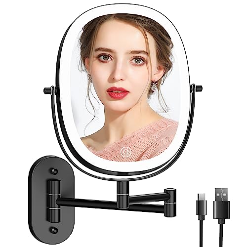 Rechargeable Wall Mounted Lighted Makeup Mirror, 8 Inch Double Sided LED Vanity Mirror 1X/7X Magnification,3 Color Lights Touch Dimmable Oval Frame 360°Swivel Magnifying Bathroom Mirror Antique Bronze