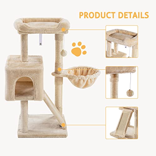 SHA CERLIN Cat Tree 36 Inches Cat Tower with Cat Hammock, Sisal Scratching Post for Indoor Cats, Small Room, Beige