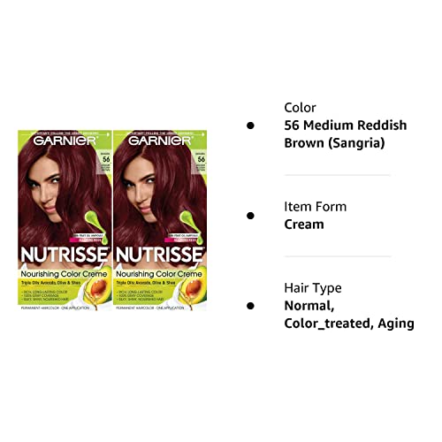 Garnier Hair Color Nutrisse Nourishing Creme, 56 Medium Reddish Brown (Sangria) Permanent Hair Dye, 2 Count (Packaging May Vary)