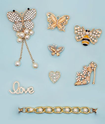 ZOKUZO Bling Croc Charms Accessories Gold Cute Designer Girly Pearl Crock Pins Jewels Gems Chains Shoe Decorations Charms Jewelry for Women Adults Black Girl Teens Gifts Bubble Slides