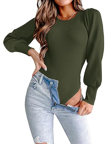 MASCOMODA Long Puff Sleeve Sweaters for Women 2024 Fall Winter Crewneck Knit Ribbed Bodysuit Pullover Tops(Wine Red,Medium)