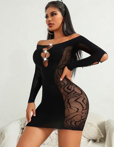 Avidlove Womens Fishnet Lingerie Sexy Bodycon Mini Dress Mesh Cut Out Babydoll Chemise Off Shoulder Black