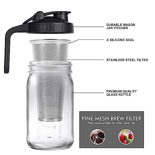 NFFTYUUT Cold Brew Mason Jar iced Coffee Maker, Durable Glass, 32 oz -1 Quart, With Handle& Stainless Steel Filter for Iced Brew Coffee, Lemonade, Ice Tea, Homemade Fruit Drinks Container