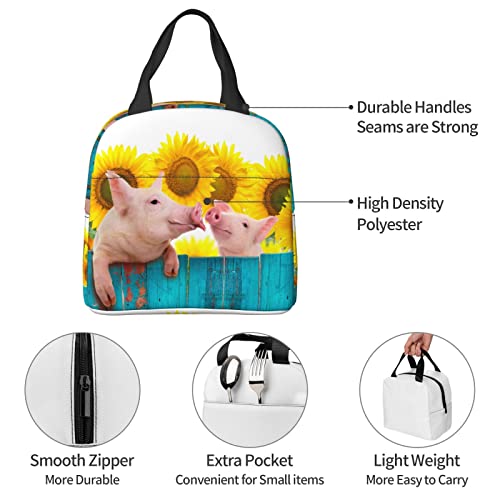 VOOHDDY Funny Pig Sunflower Wood Insulated Lunch Bag For Men Women Reusable Lunch Box Container Waterproof Portable Cooler Thermal Tote Bag For Work Office Picnic Beach Travel