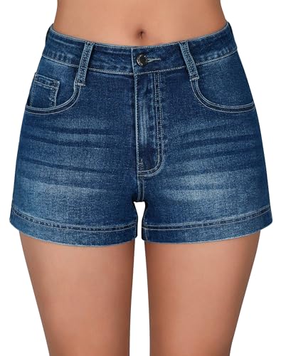 roswear Women's Casual Summer High Waisted Basic Jean Shorts Stretchy Denim Shorts Blue Small