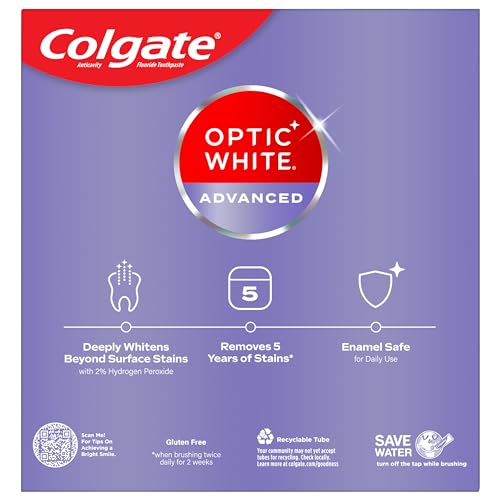 Colgate Optic White Advanced Hydrogen Peroxide Toothpaste Pack, Teeth Whitening Toothpaste, Enamel-Safe Hydrogen Peroxide Formula, Helps Remove Tea, Coffee, and Wine Stains, Icy Fresh, 3 Pack, 3.2 oz