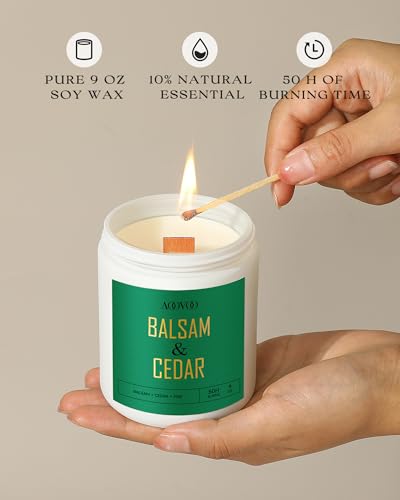 AOOVOO Balsam Cedar Candle - Pine Candle, Wood Wick Candles, Christmas Candle, Scented Candles, Scented Candles, Soy Candle, 9oz