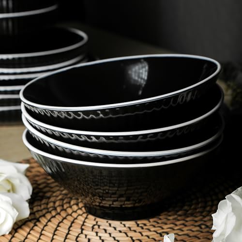 Christian Siriano Lustra Modern 16-Piece Stoneware Dinnerware Set, Plates and Bowls Set, Dinner and Salad Plates, Ramen Bowls, Dish Set for 4, Black