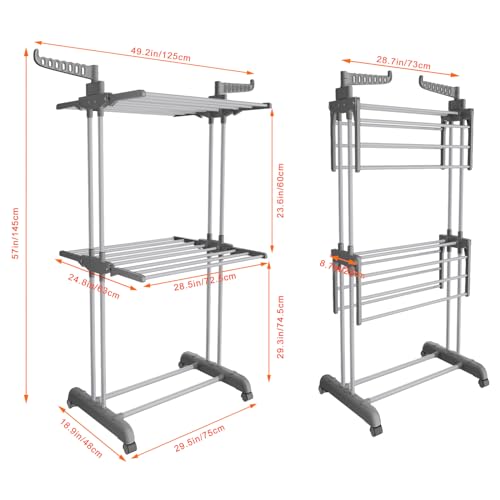 Bigzzia 3 Tier Clothes Drying Rack, 57 Inch Laundry Drying Rack, Foldable Stainless Steel Kids Clothing Rack, Movable Laundry Rack for Indoor Outdoor - Grey