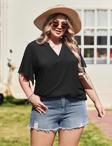 IN'VOLAND Plus Size Short Sleeve Blouses Womens Double Layers Mesh V Neck Tunic Dressy Casual Flowy Stretchy Work Tops Black 18W