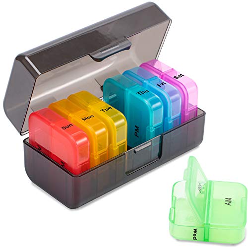 Zoksi Weekly Pill Organizer 2 Times a Day, Rainbow 7 Day Pill Box, Daily Am Pm Pill Organizer, Portable Case for Fish Oils, Vitamin, Supplement