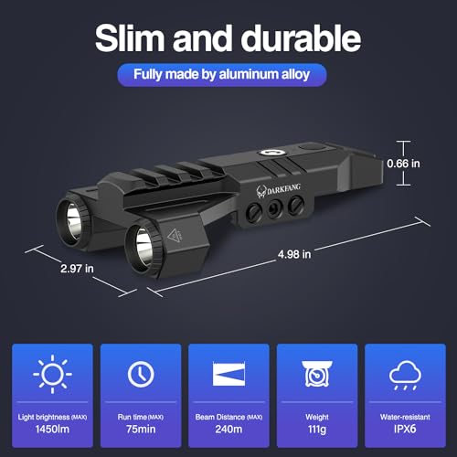 DARKFANG 1450 Lumen Tactical Flashlight Low Profile Design Rechargeable Weapon Light for Picatinny Rail