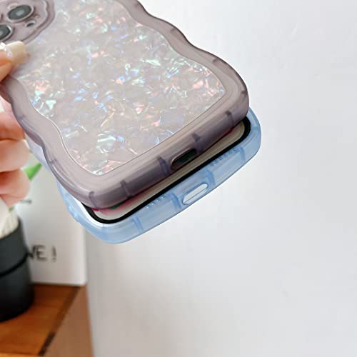 Qokey Clear Cute Flower Design Lens Glitter Shell Pattern Case with Wave Curly Frame,Soft Slim Shockproof Anti-Fingerprint Dirt-Resistance Compatible with iPhone Case(Blue,for iPhone 13 Pro Max)