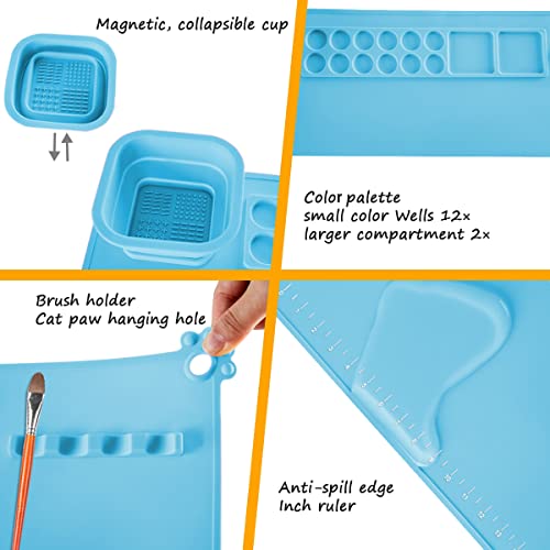 SHNOKER Silicone Craft Mat 21.7"x17.7" Super Large Silicone Painting Mat with 1 Magnetic Cup and Color Palette for Kids and Artist (Blue)