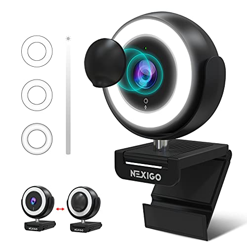 NexiGo N660E (Gen 2) 1080P Webcam with Ring Light, Adjustable Brightness, Magnetic Privacy Cover, Dual Noise Reduction Mics, for Zoom Skype Teams, Black (Renewed)