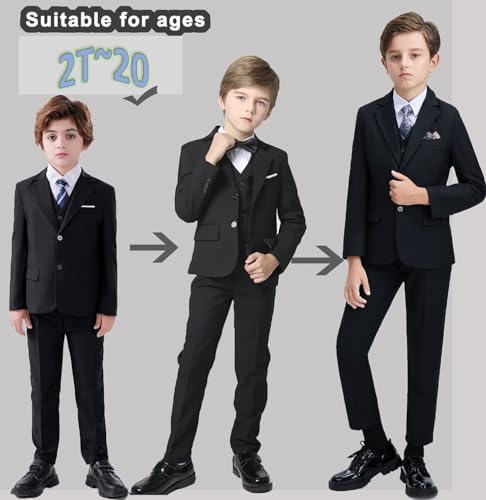 Fxzpiodi Suit for Boys Slim Fit Wedding Outfit Suit Size 2-20 Kids 6 Piece Tuxedo Solid Formal Dresswear of Jacket Vest Pants Shirt and Tie Black 20