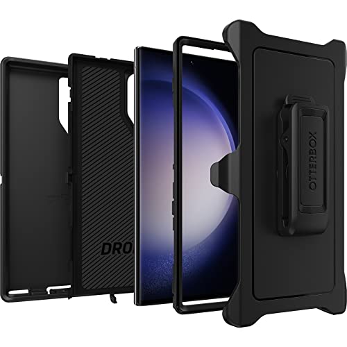 OtterBox Galaxy S23 Ultra Defender Series Case - BLACK, rugged & durable, with port protection, includes holster clip kickstand