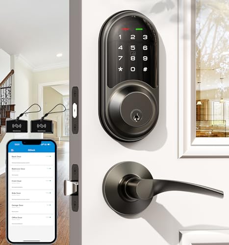 Veise Smart Locks for Front Door, 2 Lever Handle Set, Keyless Entry Deadbolt, App Control, Electronic Digital Touchscreen Keypad, Auto Lock, IP54 Waterproof, Easy Installation, Matte Black