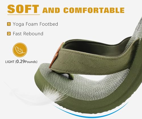 KuaiLu Men's Leather Flip Flops Arch Support Summer Beach Pool Water Thong Sandals Waterproof Rubber Walking Shoes Slip on Orthotic Casual Sport Cushioned Wide Slides Shower Slippers Brown Size 8