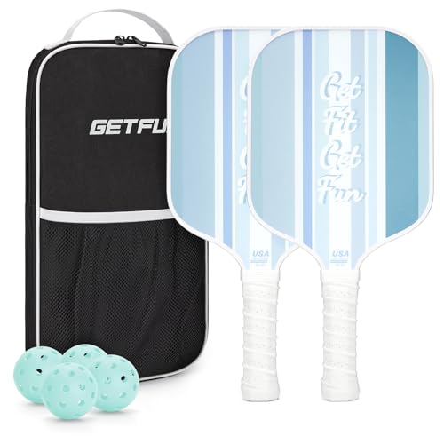 GETFUN Pickleball Paddles Set of 2, USAPA Approved Fiberglass Surface with Polypropylene Honeycomb Core, Non-Slip Sweat-Absorbing Grip, 4 Pickleballs & Carry Bag - Ice Mint