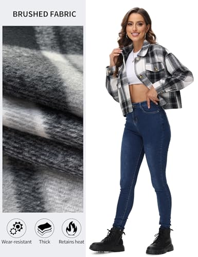 URBEST Women's Cropped Oversized Plaid Shacket | Cozy Long Sleeve Button Down Jacket with Pockets for Casual Style Grey L
