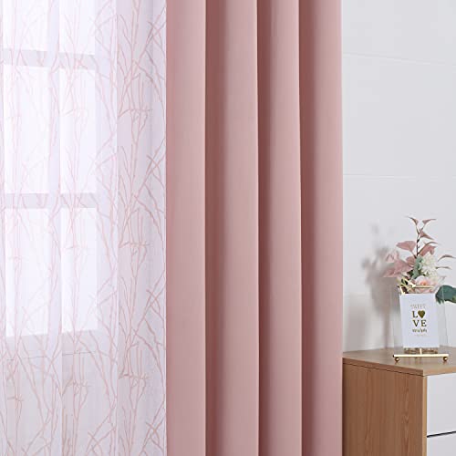 BONZER Mix and Match Curtains - 2 Pieces Branch Print Sheer Curtains and 2 Pieces Blackout Curtains for Bedroom Living Room Grommet Window Drapes, 37x63 Inch/Panel, Blush, Set of 4 Panels