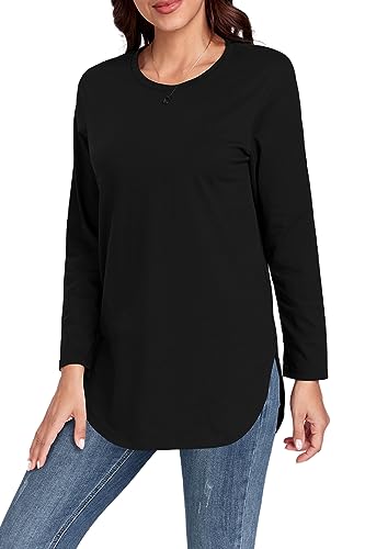 M T 4 YOU Women's Long Sleeve Cotton Shirt Round Neck Basic Casual Top Fall Trendy Tunic Outfits Fitted T Shirts Black