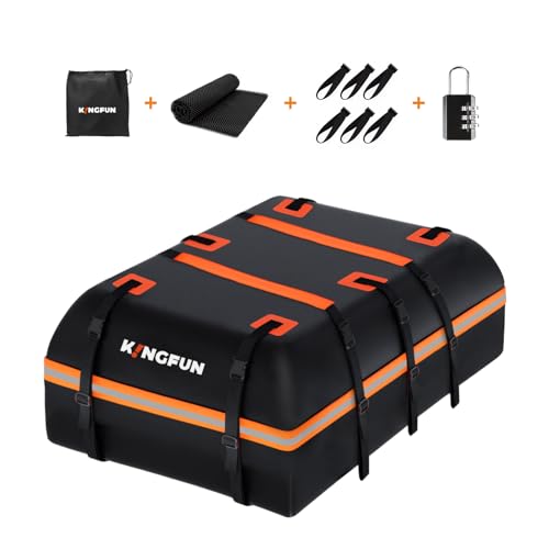 Kingfun Car Rooftop Cargo Carrier Bag - Waterproof 15 Cubic Feet Car Roof Luggage Carrier for All Vechicles with/Without Racks, Includes Anti-Slip Mat, 8 Reinforced Straps, 6 Door Hooks, Luggage Lock