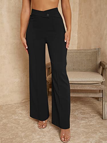 SweatyRocks Women's Overlap Waist Seam Front Palazzo Wide Leg Pants High Waist Long Pant Casual Trousers Black XS