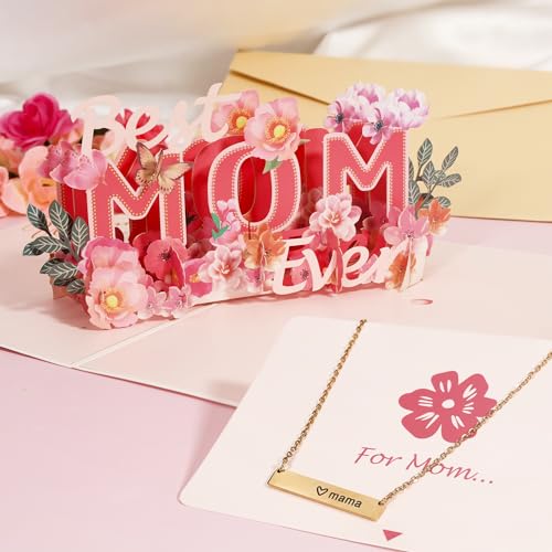 ITS4YEO Mother Birthday Gift Mother Necklace+Mother's Card Gifts for Mama Mother Necklace Mama Pendant for Women Mom Birthday Gifts(Gold)