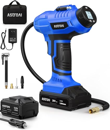 AstroAI Cordless Tire Inflator Air Compressor 20V Rechargeable Battery Powered 160PSI Portable Air Pump with 12V Car Power Adapter Digital Pressure Gauge for Cars Motorcycles JY16P160-18（C2）Blue