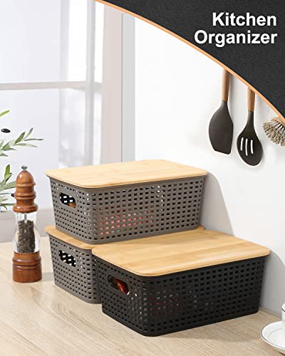 NEATJELAI Baskets for Organizing Plastic Storage Bins With Bamboo Lids Small Shelf Basket Container for Organizing Shelves Desktop Closet Pantry Playroom Classroom Office, 6 Pack,Black