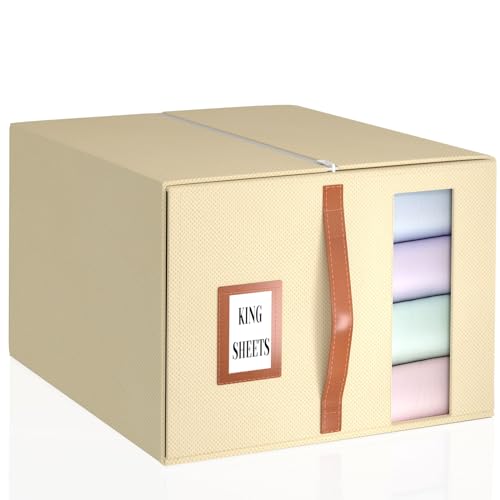 2 Pack Bed Sheet Organizer and Storage, 2 IN 1 Large Storage Bins for Linen Closet (Queen or King Size) - Sheetcube Foldable Storage Containers for Organizing Clothing, Bedding, Duvet Covers - Beige