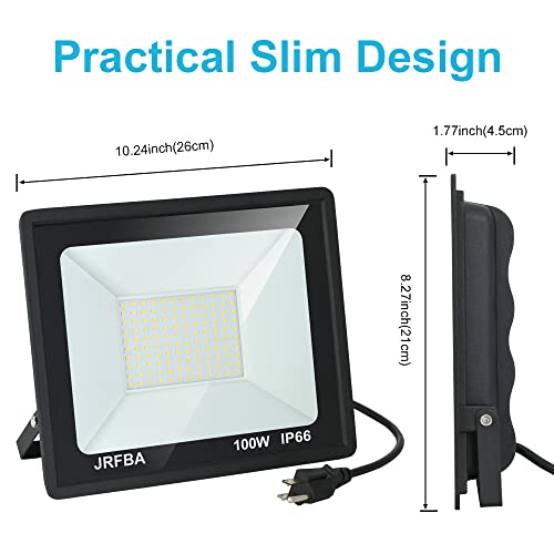 JRBFA 100W LED Flood Lights Outdoor, 10000lm LED Work Light with Plug, 6500K Daylight White, IP66 Waterproof Exterior Security Lights Outside Floodlights for Backyard, Garage, Garden, Lawn