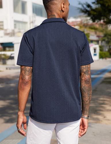 COOFANDY Mens Untucked Short Sleeve Button Up Shirt Wrinkle-Free Business Casual Dress Shirts Stretch Slim Fit Tops Blue