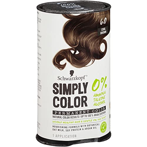 Schwarzkopf Simply Color Hair Color 6.0 Cool Brown, 1 Application - Permanent Hair Dye for Healthy Looking Hair without Ammonia or Silicone, Dermatologist Tested, No PPD & PTD