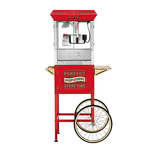 Great Northern Popcorn Perfect Popper Popcorn Machine with Cart and Stainless-Steel Kettle, Warming Light, and Accessories, 10oz, Red