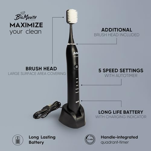 Big Mouth 2.0 Sonic Electric Toothbrush (Black) | High-End Quality Sonic Toothbrush for Adults with Extra Brush Head