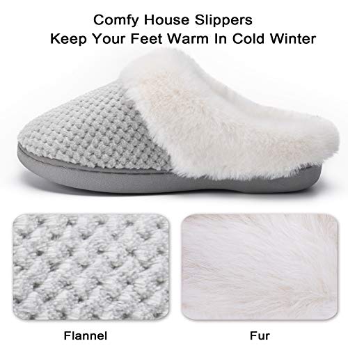 Temi Women's Soft Warm Memory Foam Slippers,Faux Fur Lined Fluffy Slip On House Shoes with Indoor Outdoor Anti-Skid Rubber Sole