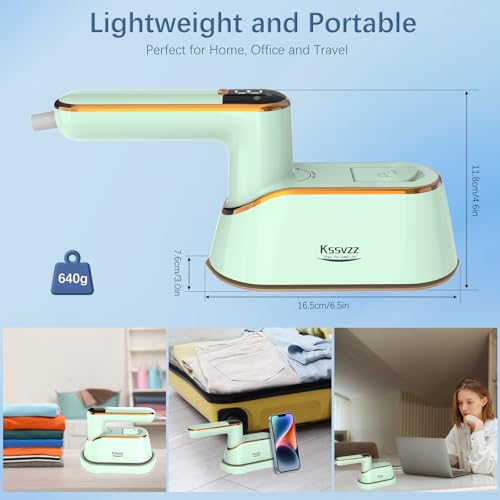 Portable Travel Steamer Iron for Clothes with LCD Display - 4 Mode Handheld Mini Clothing Steam Iron, 1200W Small Garment Steamer, Hand Held Fabric Steamer for Home, Dorm, Travel (120V ONLY)(Green)