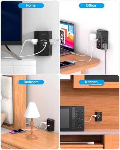 Multi Plug Outlet, Surge Protector, 5 Outlet Extender with 4 USB Charging Ports (2 USB C), USB Wall Charger, 3-Sided 1800J Power Strip Outlets Splitter Wall Plug Adapter Spaced for Home Office, Black