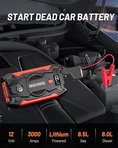 Car Jump Starter, 3000A Portable Car Battery Charger for Up to 8.5L Gas & 8.0L Diesel Engines, 12V Car Jump Box with 4 Modes Flashlight, Power Bank Function, Smart Jumper Cables