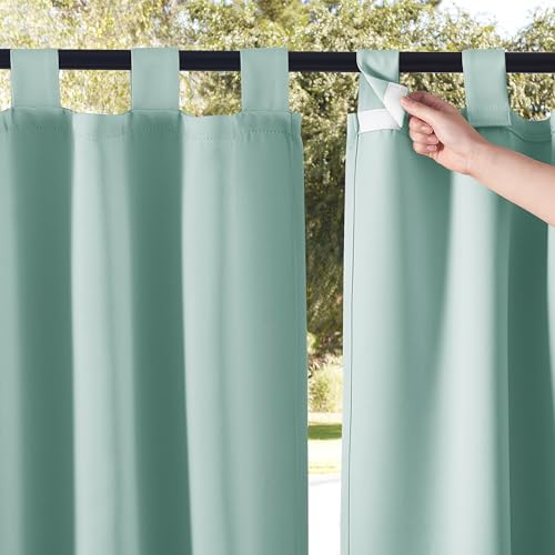 NICETOWN 2 Panels Privacy Outdoor Curtainss Weighted for Patio Waterproof, Thermal Insulated Detachable Tab Top Blackout Sliding Windproof Safe Outside Dividers for Party/Terrace, Tan, W84 x L95